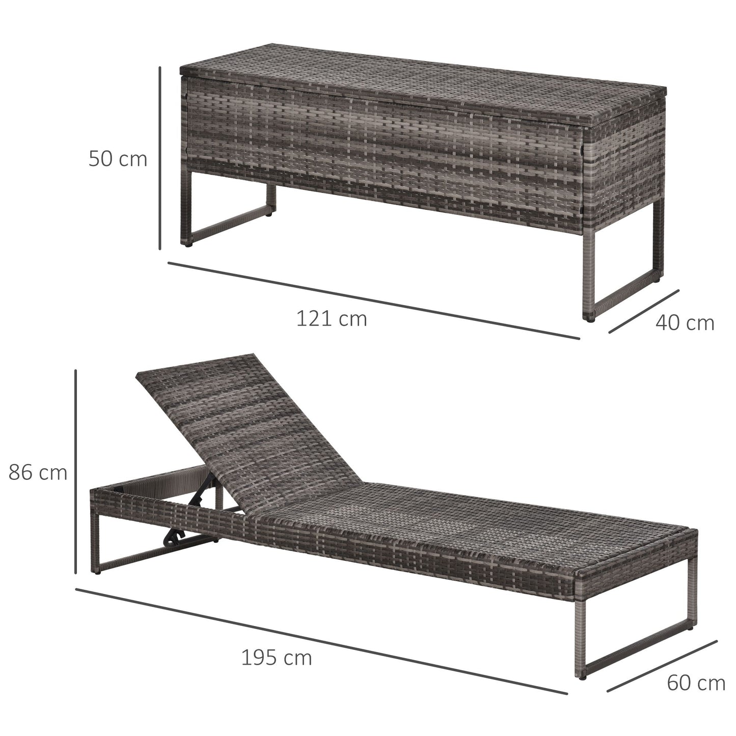 Outsunny Conjunto De 2 Tumbonas De Terraza Con Mesa Ratán 195x60x86 Cm Gris_2