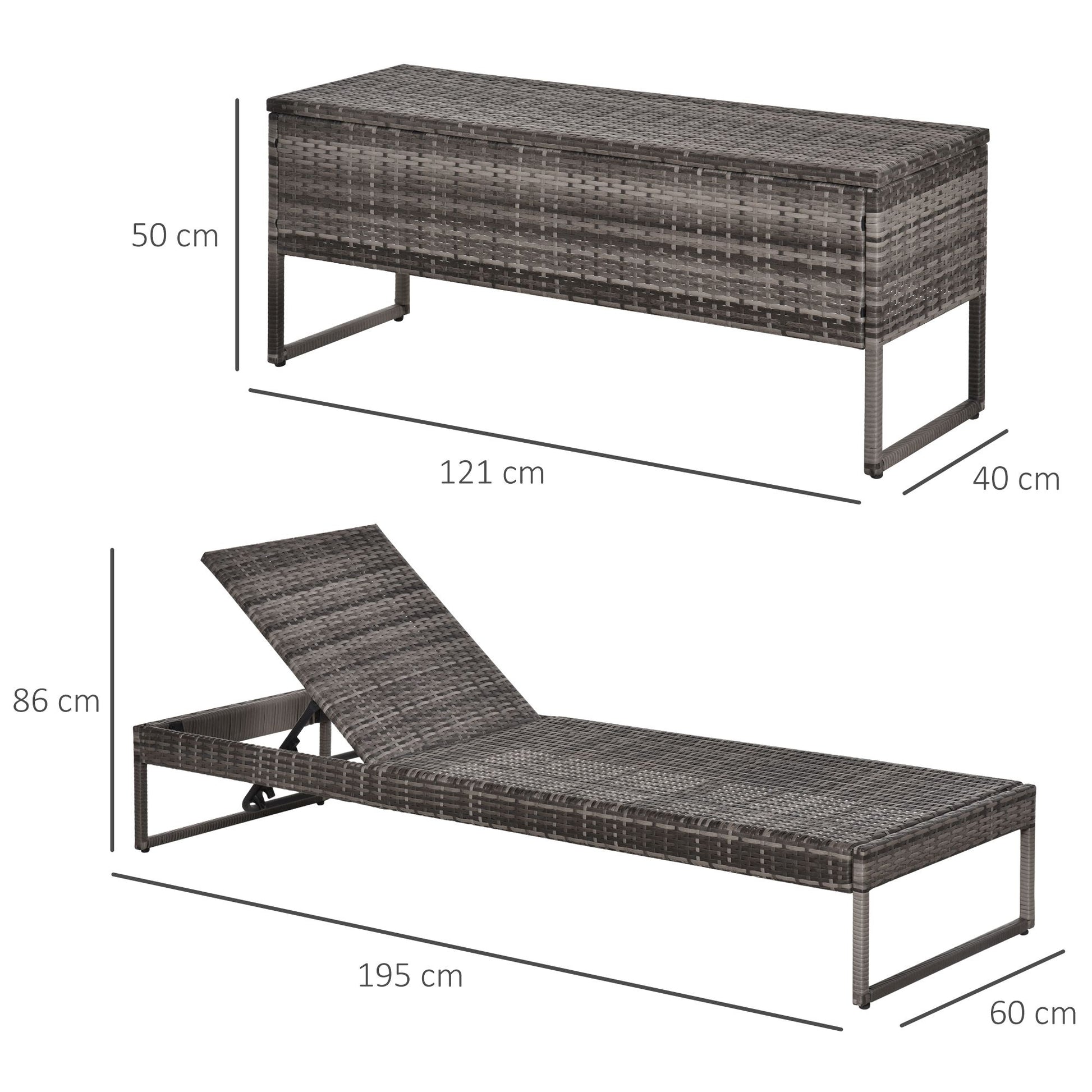 Outsunny Conjunto De 2 Tumbonas De Terraza Con Mesa Ratán 195x60x86 Cm Gris_2