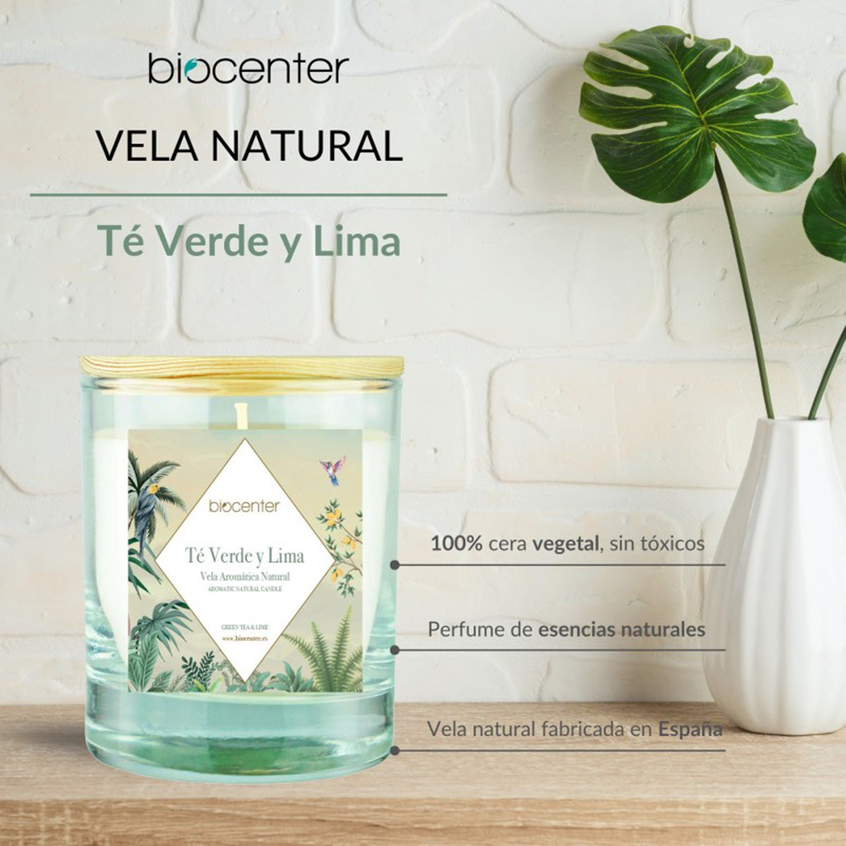 Vela natural Chá Verde e Lima - cera vegetal e óleos essenciais, Biocenter, 200 gr