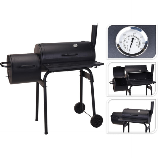 Grelhador a carvão preto + fumador Jamaica para grelhar e fumar com termómetro de aço, grelha dupla, rodas e chaminé integrada