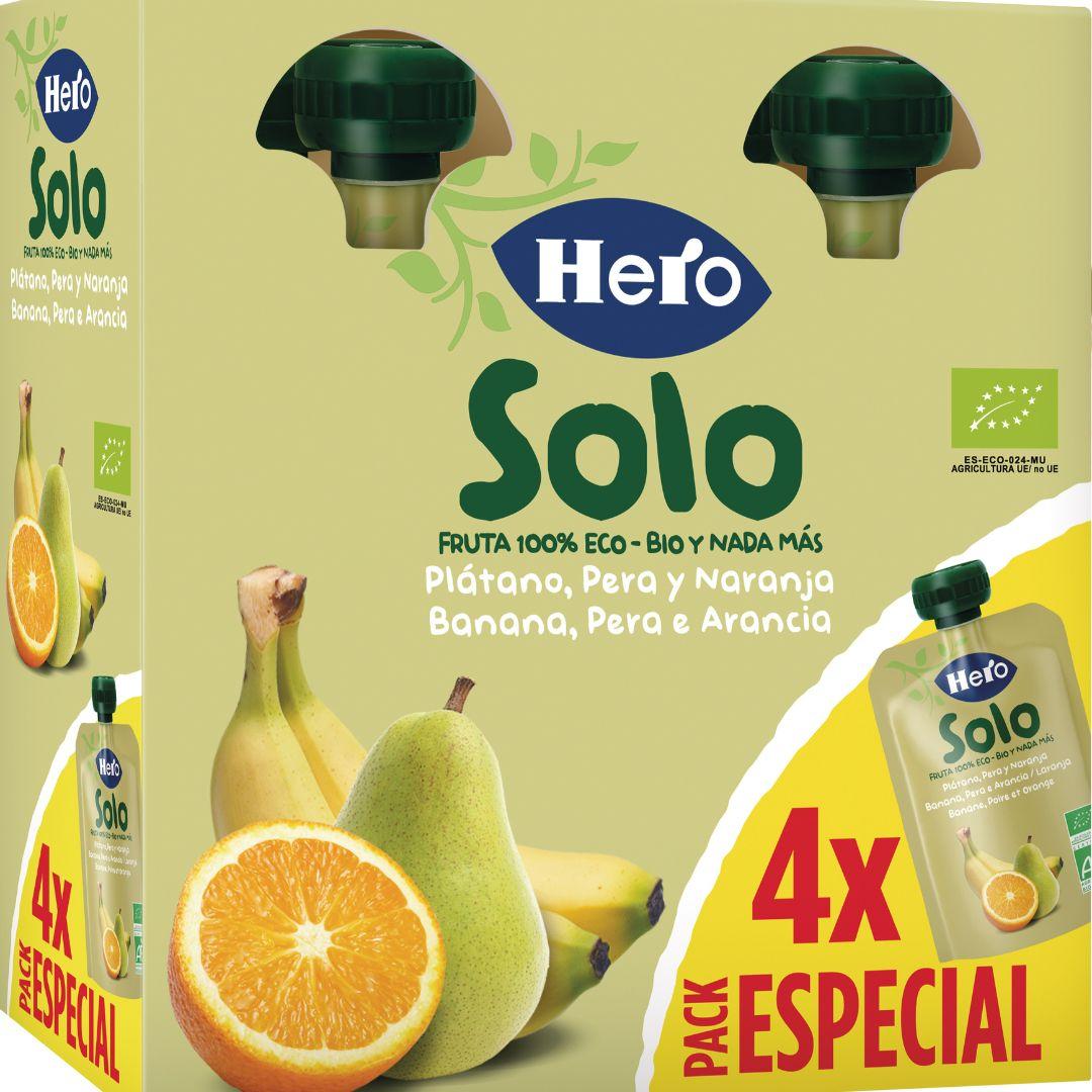 Saco de Fruta 100% Biológico Sabor Banana, Pêra e Laranja 4x100 g - Hero Solo