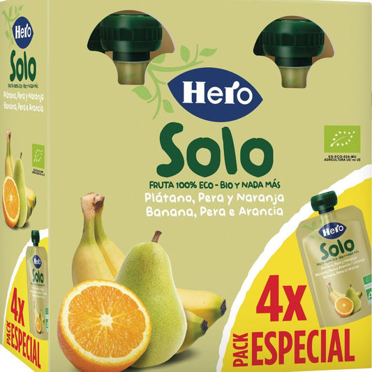 Saco de Fruta 100% Biológico Sabor Banana, Pêra e Laranja 4x100 g - Hero Solo