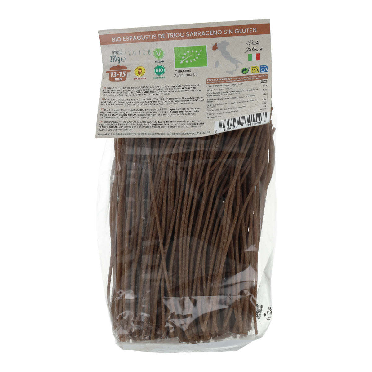 Esparguete de trigo sarraceno biológico sem glúten Sol Natural 250g