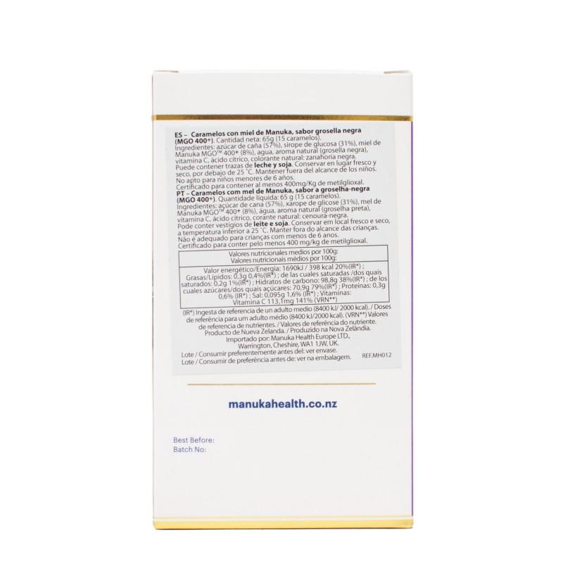 Rebuçados de mel de Manuka e groselha preta (MGO 400+) 15 unidades 65 gr