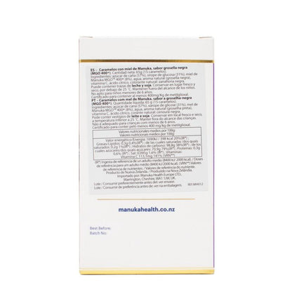 Rebuçados de mel de Manuka e groselha preta (MGO 400+) 15 unidades 65 gr