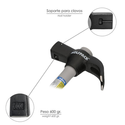 Martillo Uña Mango Fibra Vidrio Mango Fibra Vidrio Con Empuñadura Antideslizante. 600 Gramos 33 Cm.