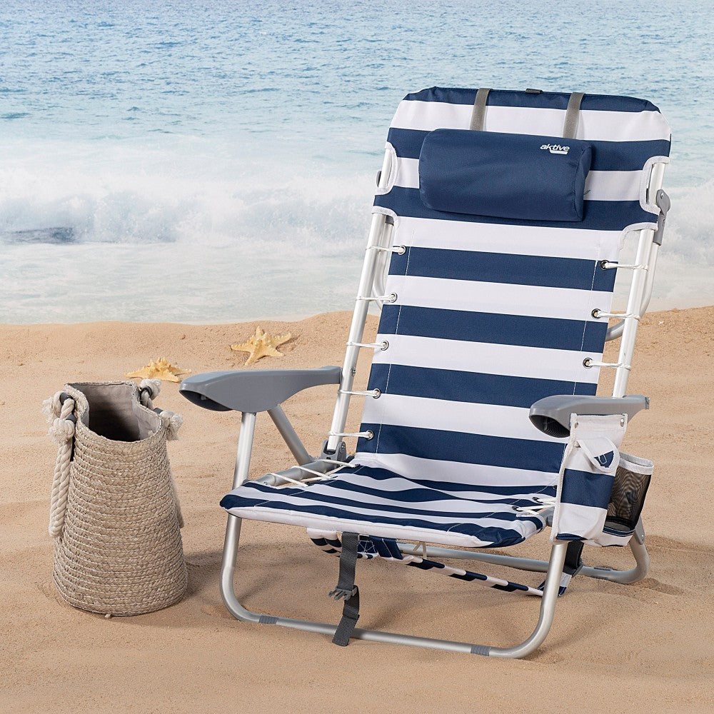 Silla Playa Plegable Baja Mochila 4 Posiciones Rayas C/cojín Y Bolsillo Aktive_1