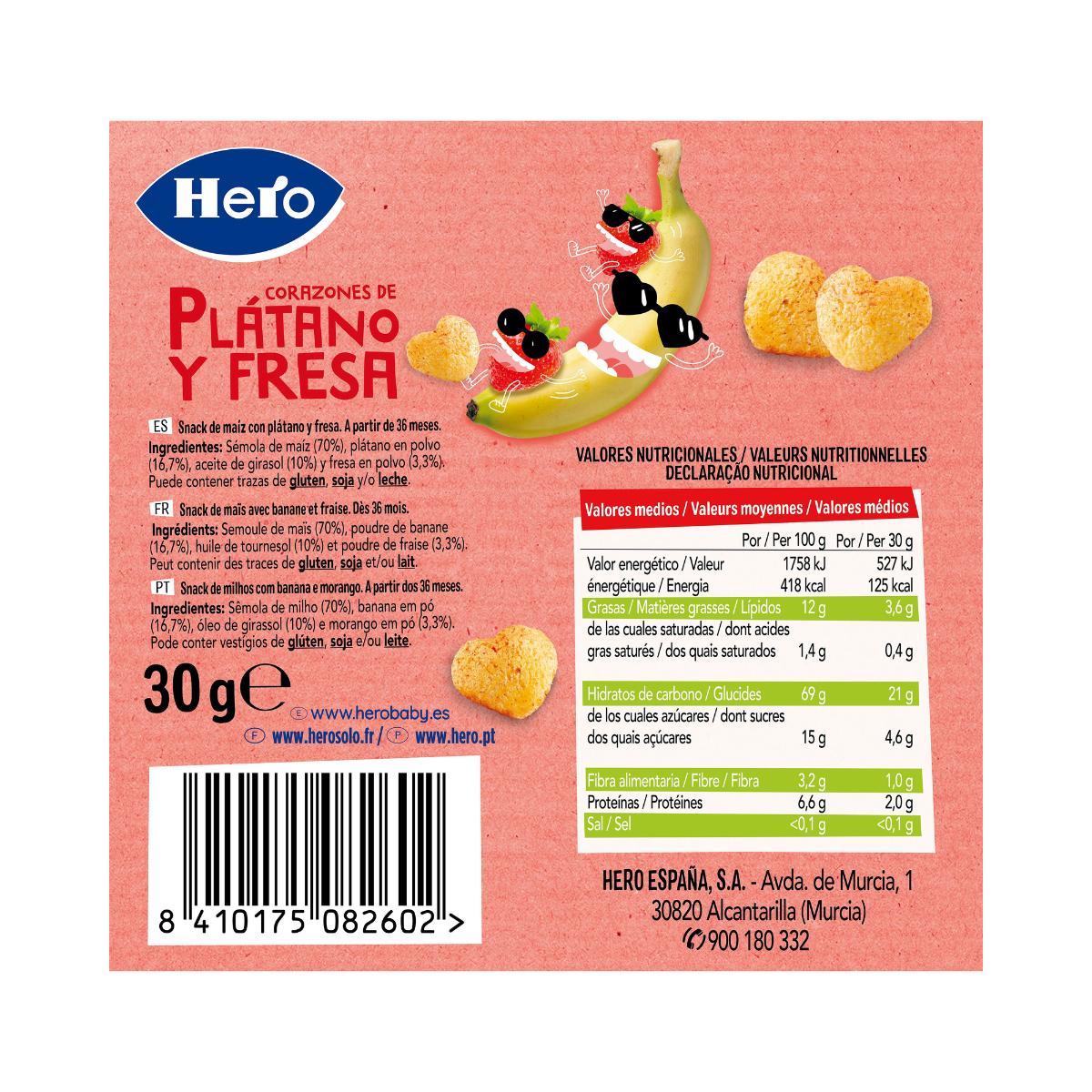 Hero-Kids Salgadinhos de Banana e Morango em Forma de Coração 30g