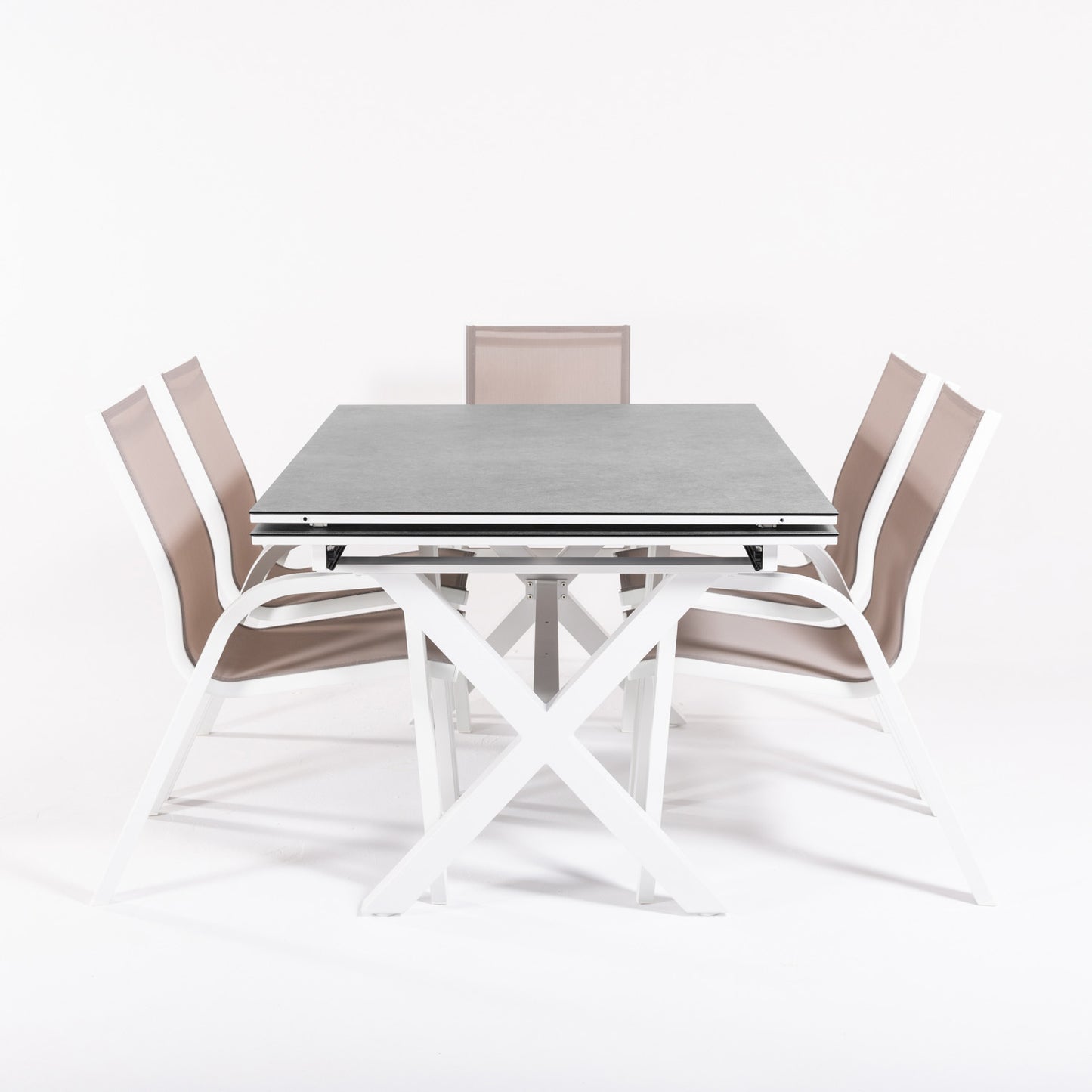 Conjunto De Mesas Y Sillas Reforzadas Para Terraza, Mesa Extensible 150 A 250 Cm, Aluminio Y Cristal, Color Blanco_3