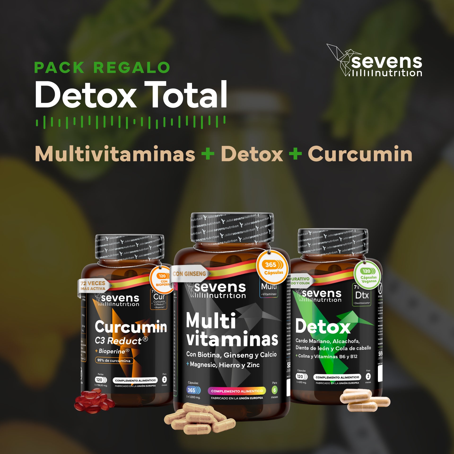 Pack Detox: Detox, Cúrcuma Y Multivitaminas. Sevens Nutrition. Limpieza Hepática Y Energía_1