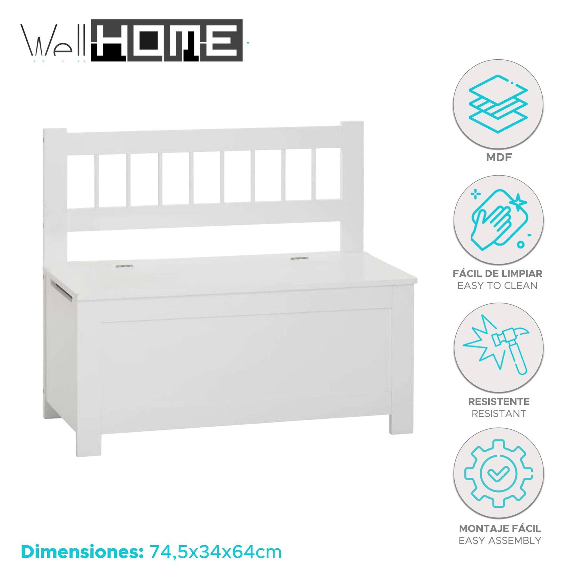 Well Home Banco De Almacenamiento Arcón Infantil De Madera Blanco - 74,5x34x64cm_1