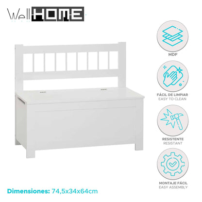Well Home Banco De Almacenamiento Arcón Infantil De Madera Blanco - 74,5x34x64cm_1