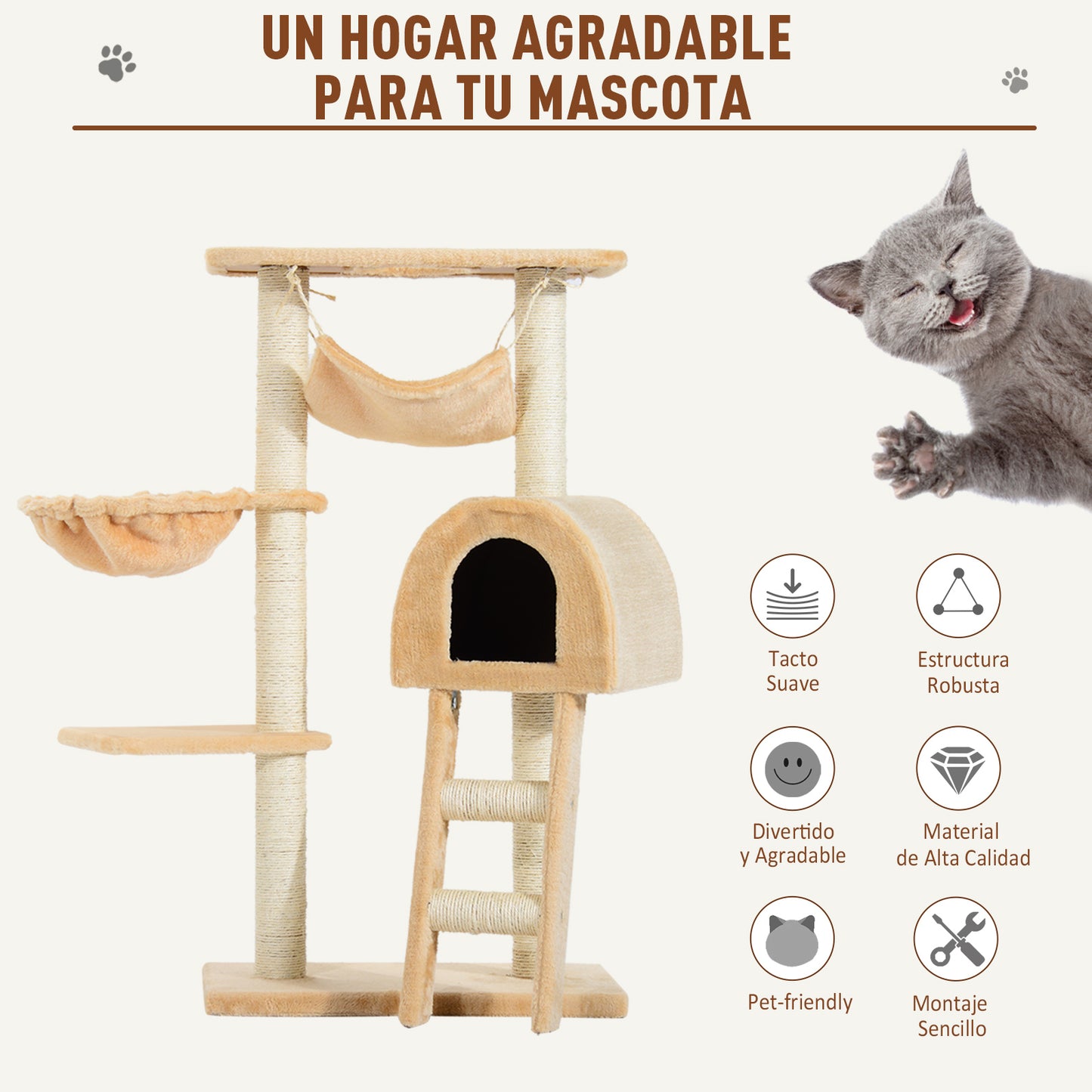 Pawhut Árbol Para Gatos Rascador 55x30x100cm Con Poste Cesta Hamaca Plataforma_5