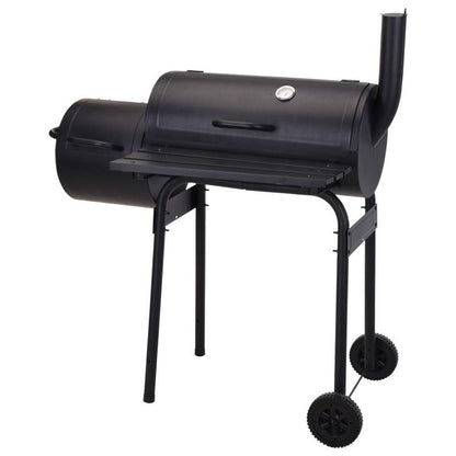 Grelhador a carvão preto + fumador Jamaica para grelhar e fumar com termómetro de aço, grelha dupla, rodas e chaminé integrada