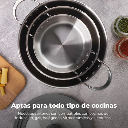 Set De Batería De Cocina En Acero Inoxidable + 3 Sartenes Ø18ø22ø26cm En Aluminio Prensado + 5 Boles De Cristal Con Tapas San Ignacio_4