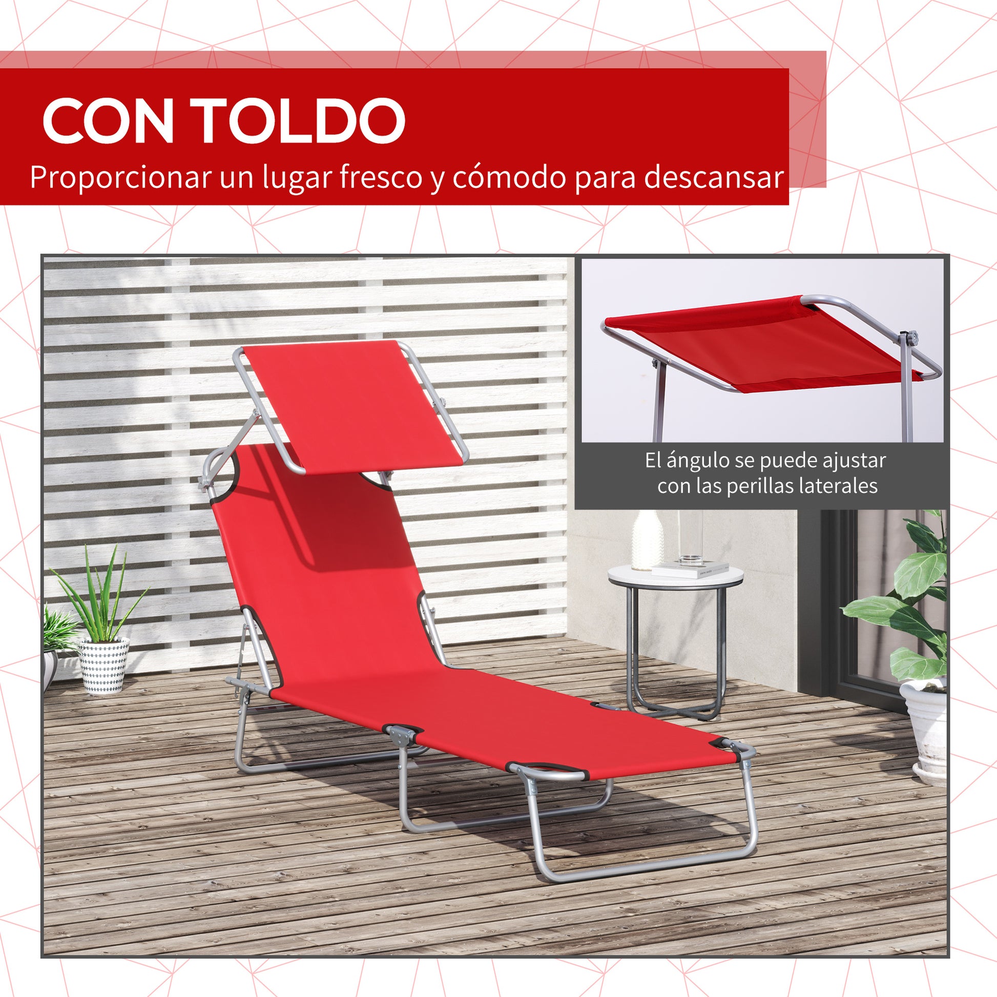 Outsunny Tumbona Plegable Con Toldo Desmontable Respaldo Ajustable Rojo_5