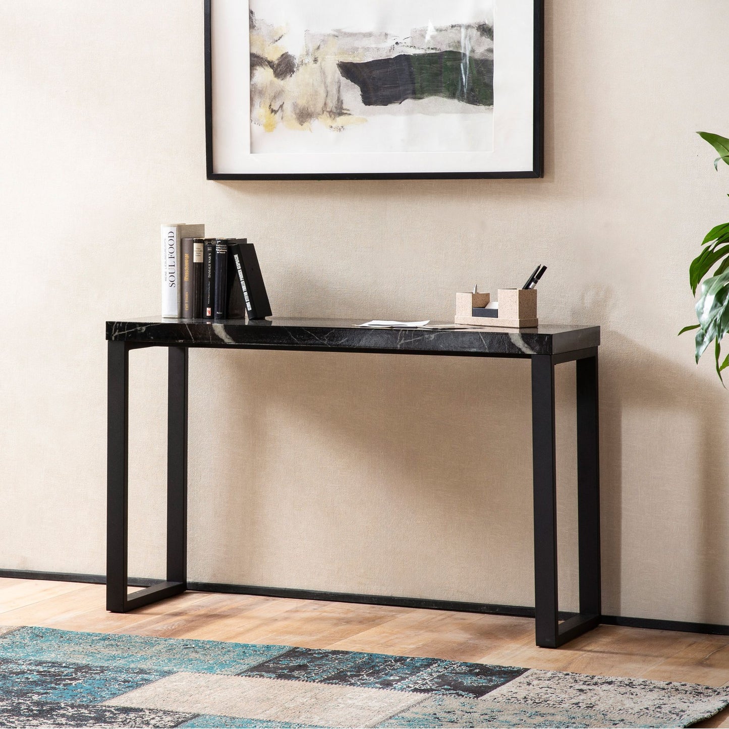 Mesa Consola Aspecto Mármol Negro Brillante 120x40x76 Cm_1