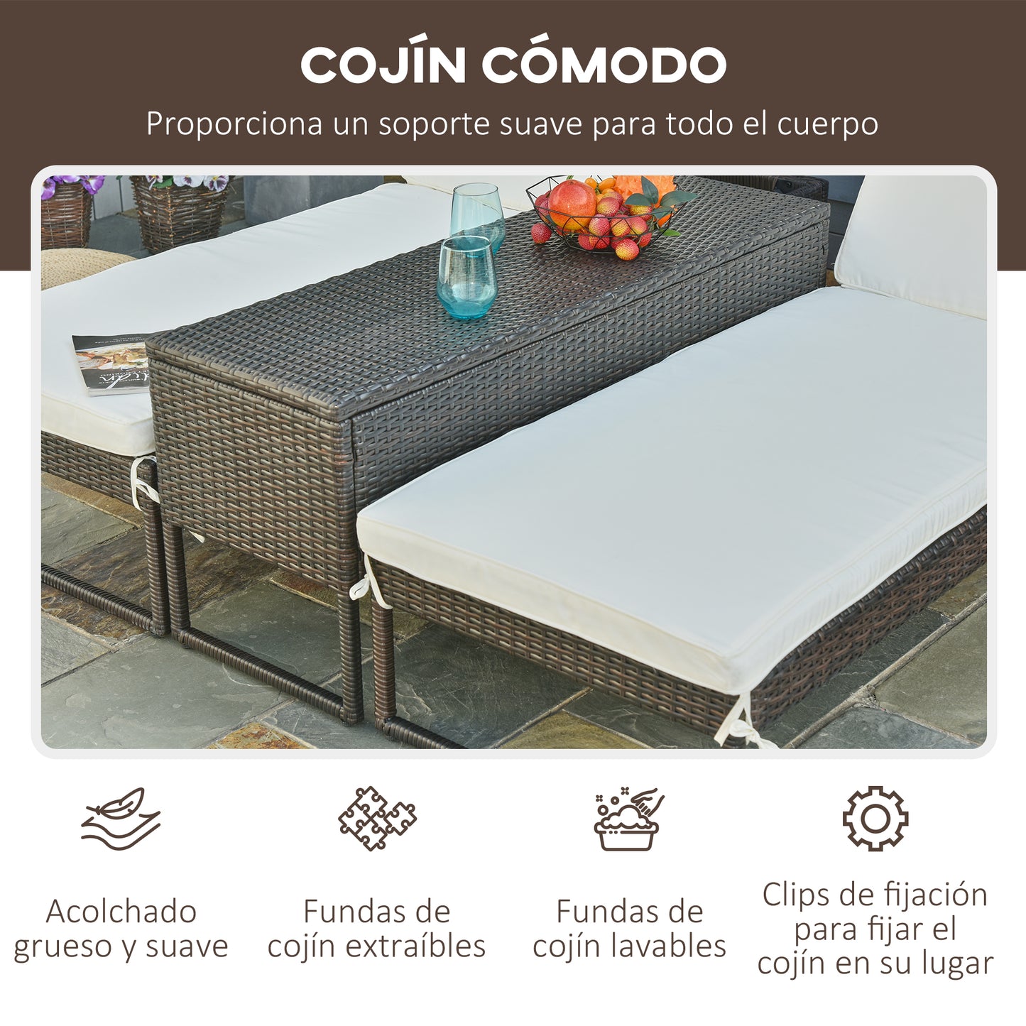 Outsunny Conjunto De 2 Tumbonas De Terraza Con Mesa Ratán 195x60x86 Cm Marrón_5