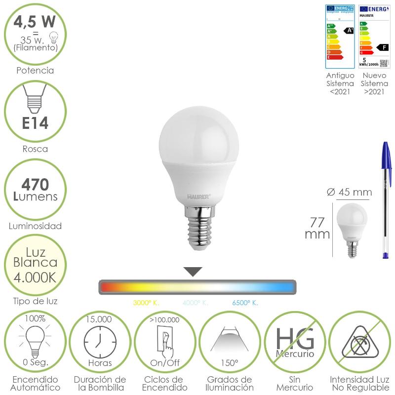 Bombilla Led Esferica Rosca E14 4.5 Watt. Equivale A 35 Watt. 470 Lumenes. Luz Neutra (4000º K)