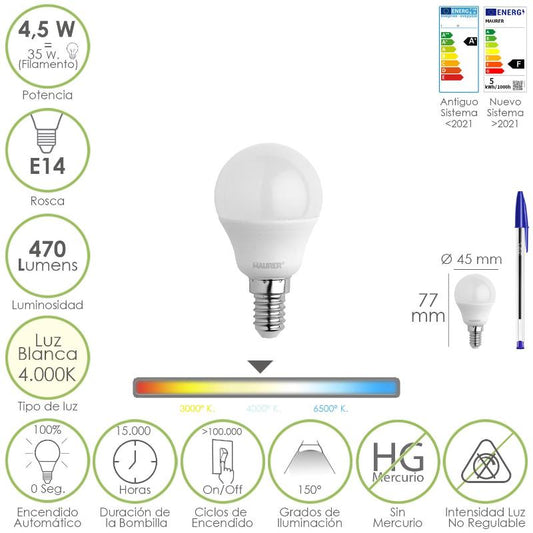 Bombilla Led Esferica Rosca E14 4.5 Watt. Equivale A 35 Watt. 470 Lumenes. Luz Neutra (4000º K)_0