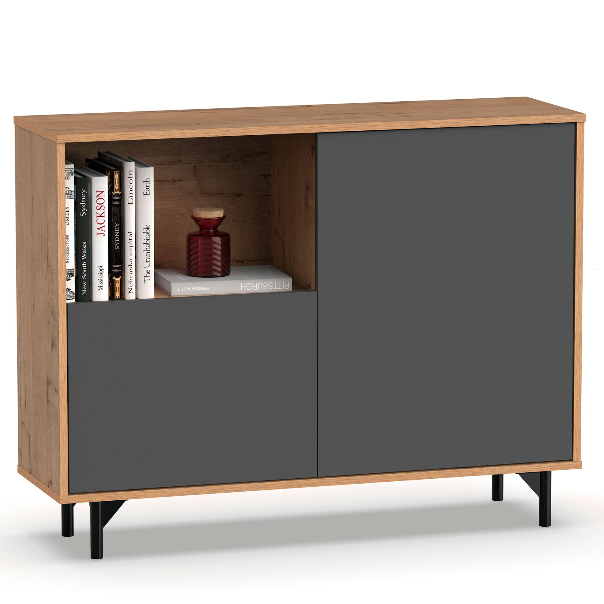 Aparador, Mueble Salón Auxiliar, Buffet, 2 Puertas, 1 Estante 86x112x33 Cm Recibidor Moderno, Briebe, Fokus, Gris_0