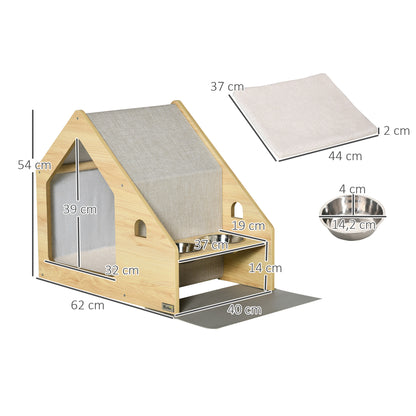 Pawhut Caseta De Madera Para Interior Con Comedero 2 Cuencos Y Cojín 62x40x54cm_2