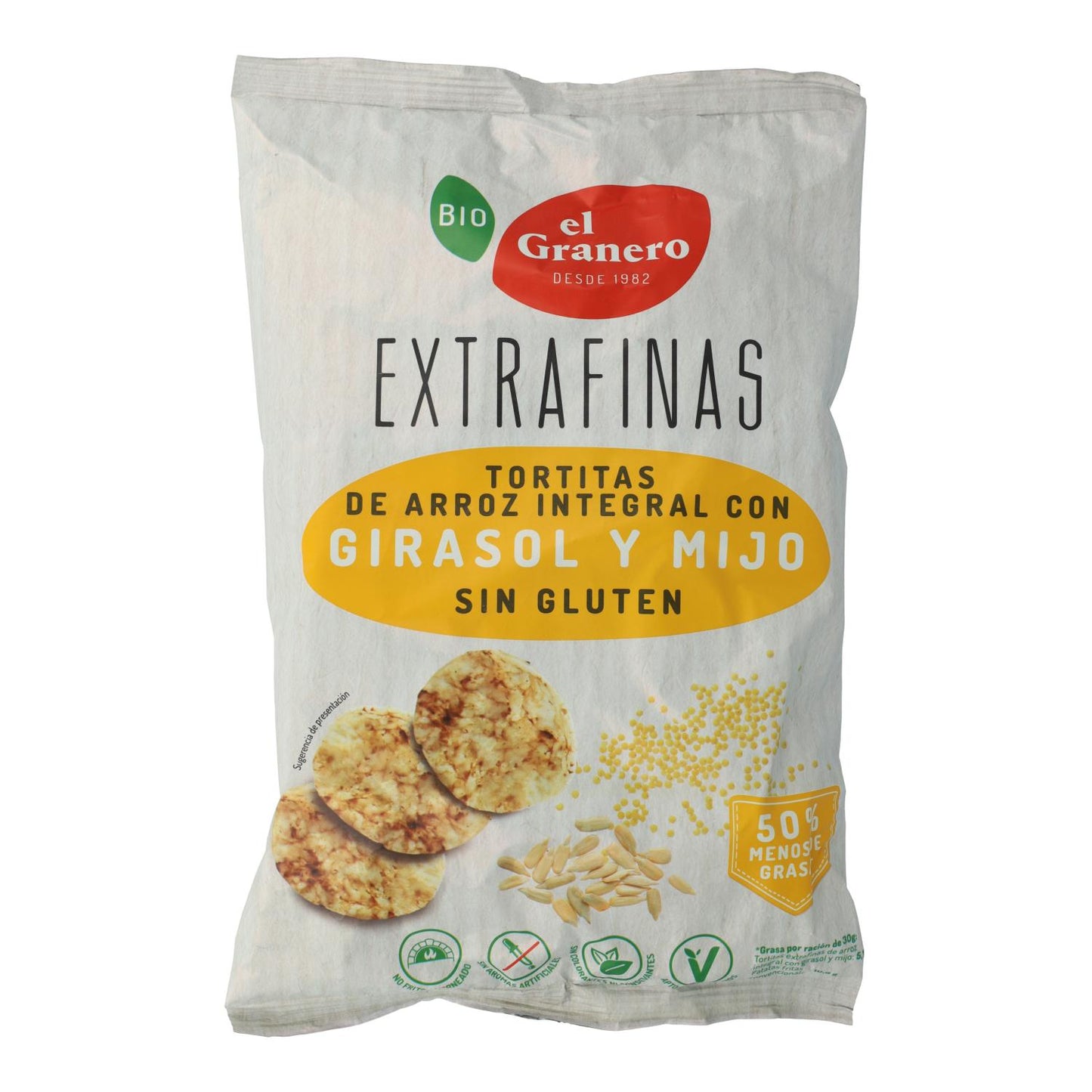 Bolinhos extrafinos de arroz integral e sementes de girassol, biológicos, sem glúten, El Granero, 60 g