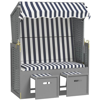 Silla Playa Strandkorb Con Dosel Ratán Pe Y Madera Azul Blanco_0