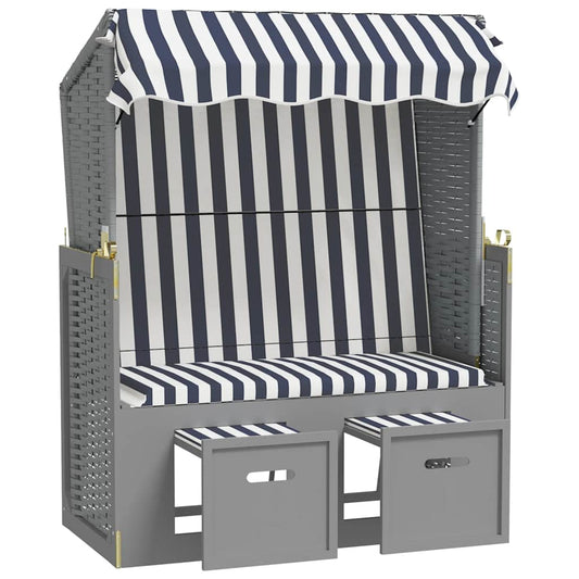 Silla Playa Strandkorb Con Dosel Ratán Pe Y Madera Azul Blanco_0