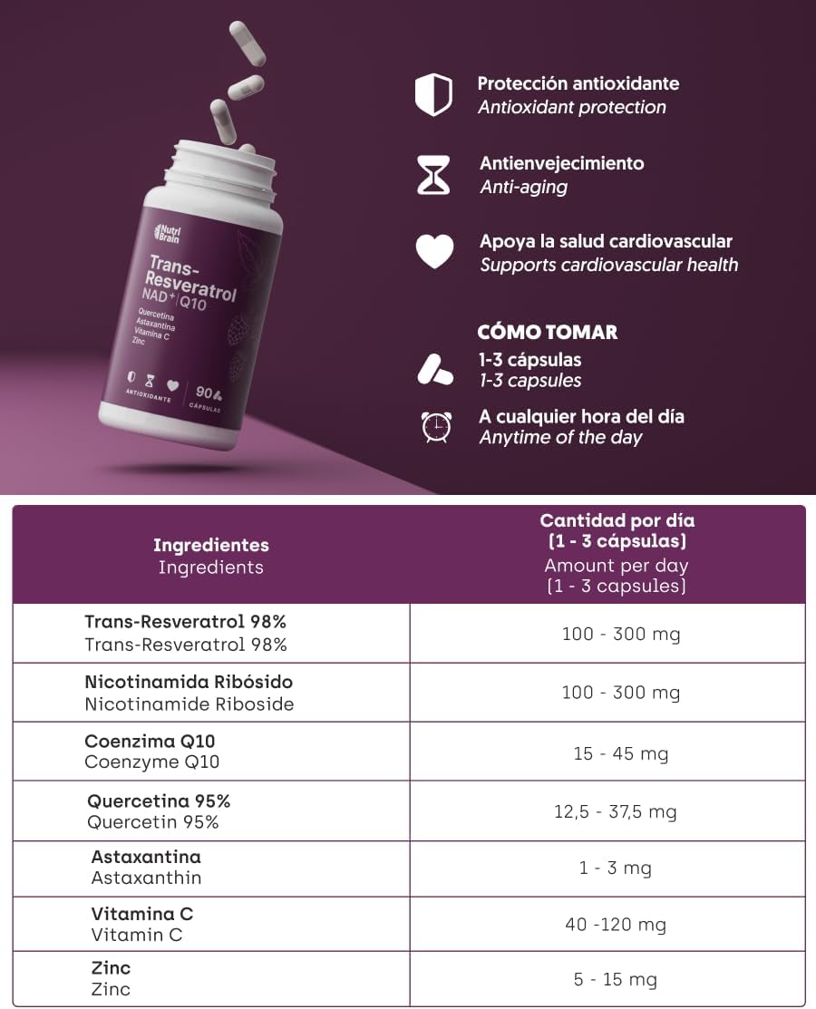 Antioxidante Resveratrol Nad Q10 Astaxantina Nutribrain 90 Cápsulas_5