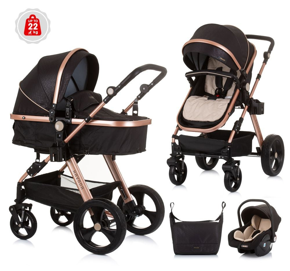 Carrito De Bebé Havana Trio Convertible Hasta 22 Kg Con Bolso Y Mosquitera Obsidian Gold_0