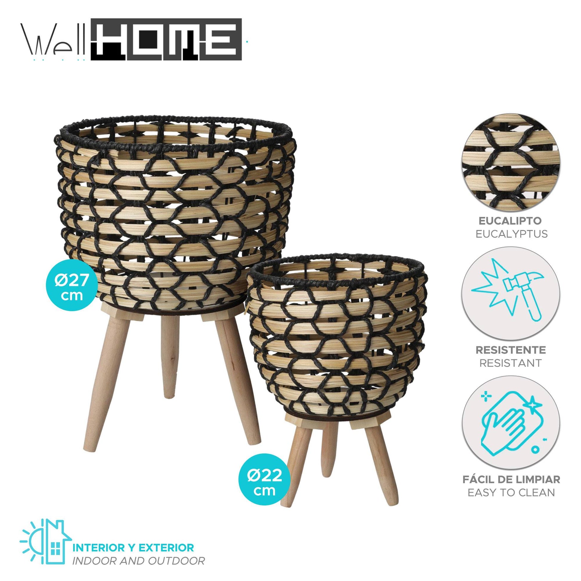 Well Home Juego De 2 Maceteros En Madera Color Negro Ø22ø27cm_1