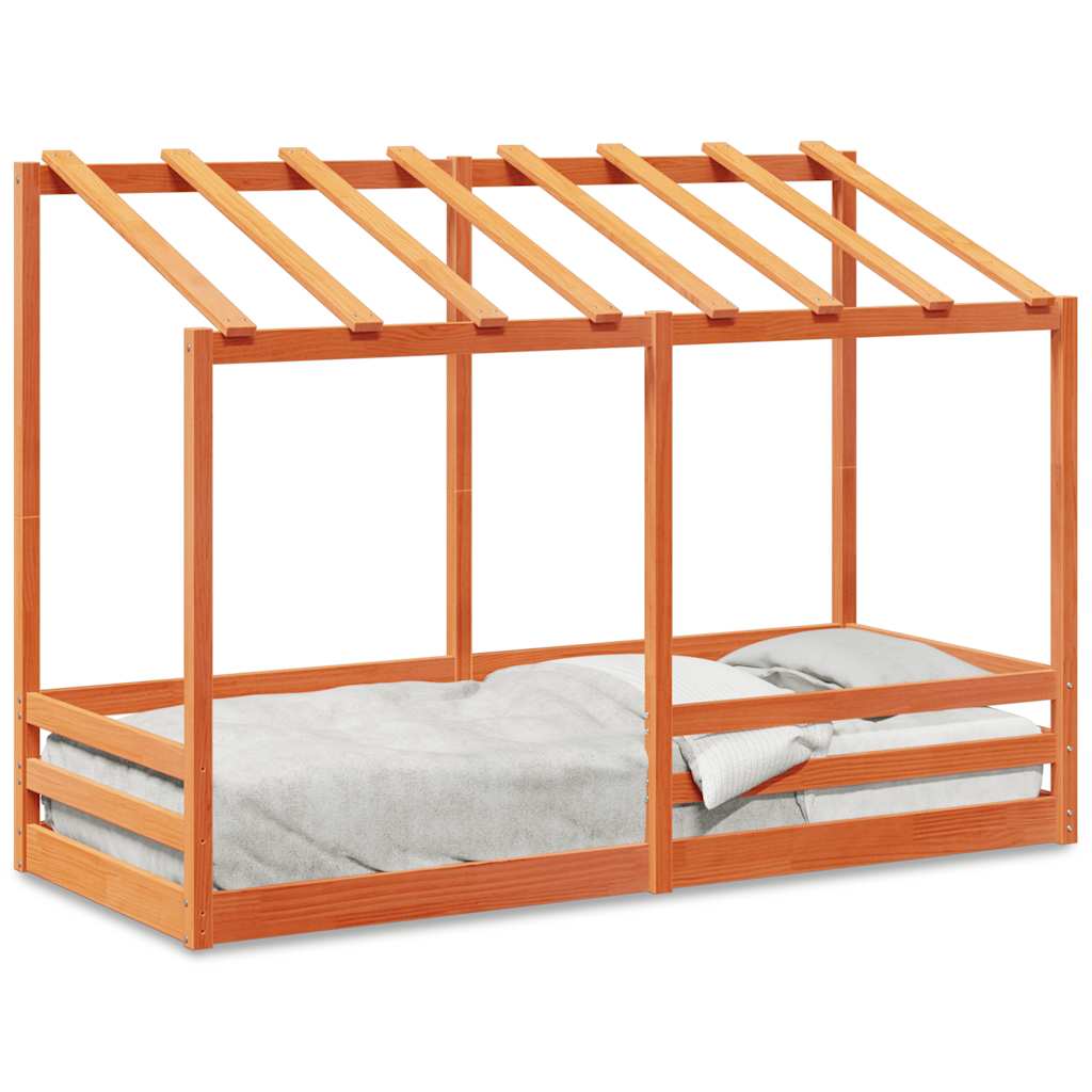 Cama Infantil Con Techo Madera Maciza Pino Marrón 90x190 Cm_0