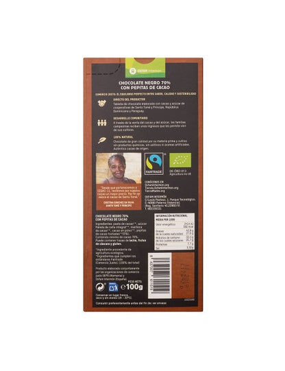 Barra de chocolate negro 70% nibs de cacau Bio Tierra Madre 100g