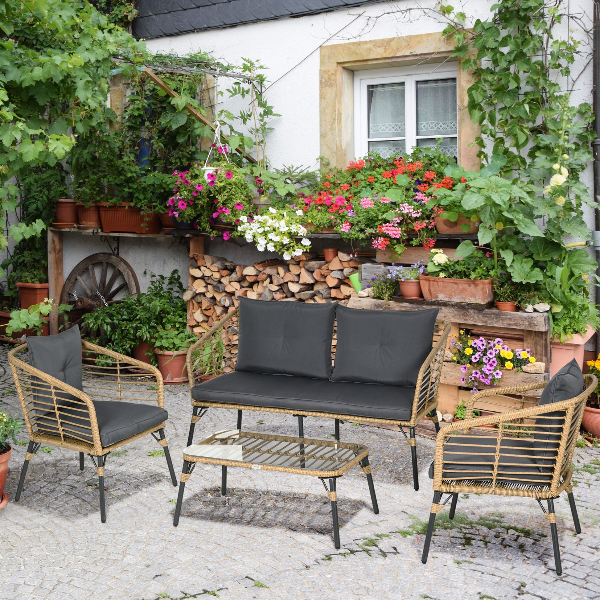 Outsunny Conjunto De Muebles De Ratán Para 4 Personas Con Sofá Sillones Mesa_1