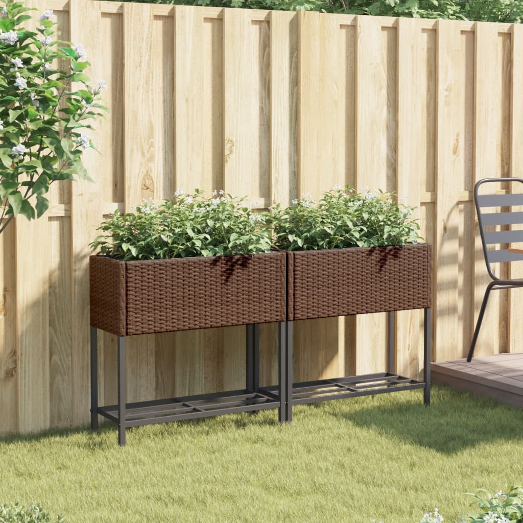 Jardineras Con Estante 2 Uds Ratán Sintético Marrón 70x28x70 Cm_2