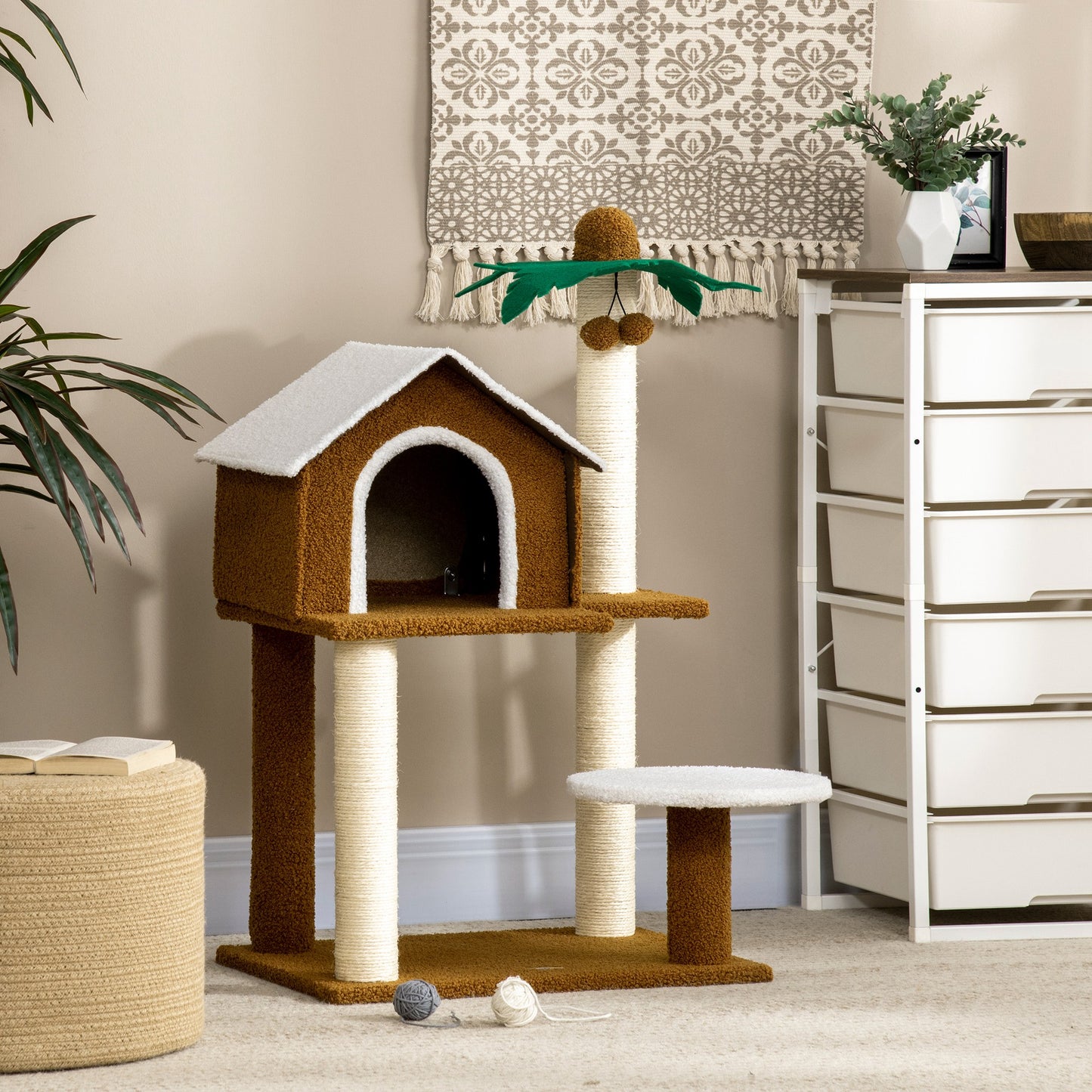Pawhut Árbol Rascador Para Gatos 89 Cm Con Caseta Poste Forma De Coco De Sisal_3