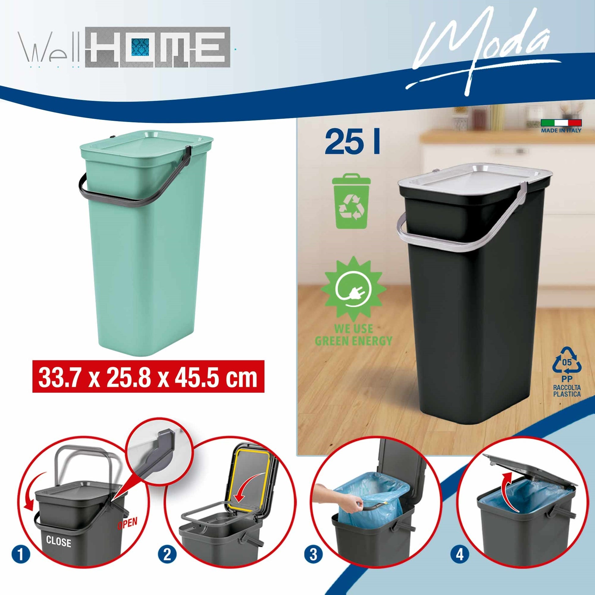 Set De 4 Papeleras moda 5l/10l/25l/40l Salvia Con Asa_3