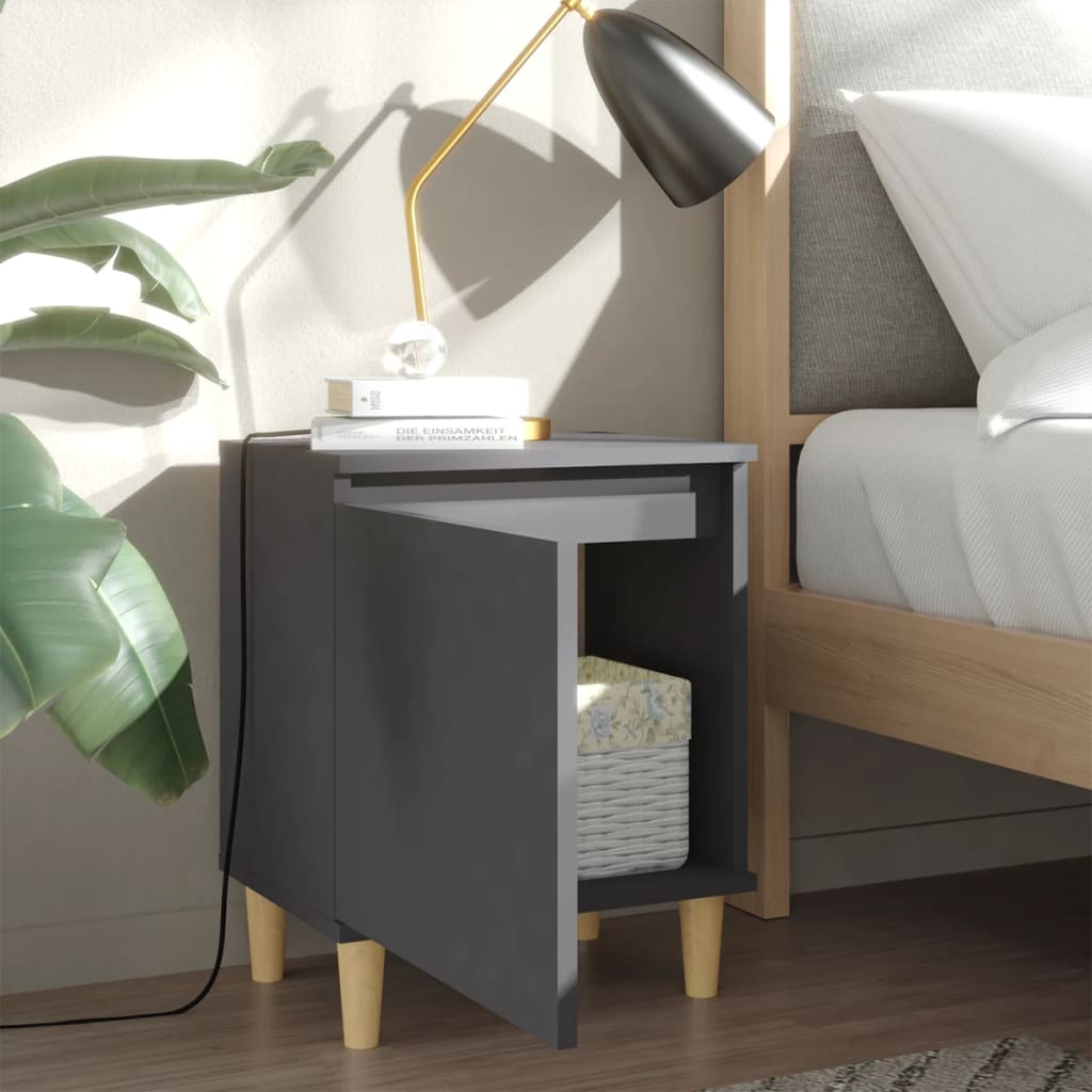 Mesita De Noche Con Patas De Madera Maciza Gris 40x30x50 Cm_1