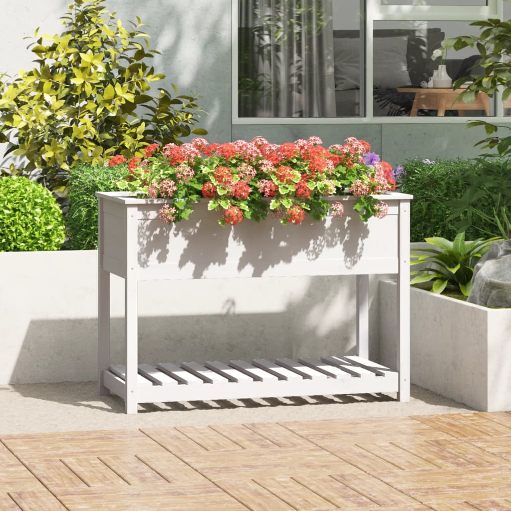Jardinera Con Estante Madera Maciza Pino Blanca 111,5x54x81 Cm_1