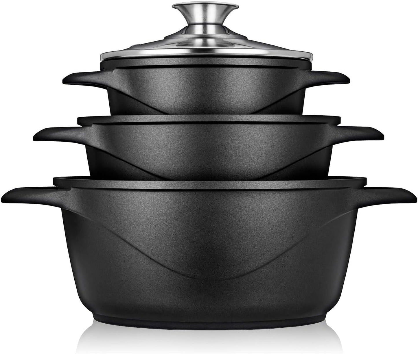 Briebe Batería De Cocina Inducción 6 Piezas Aluminio Fundido 3 Ollas Con Tapa De Cristal Antiadherente, Mgk-18, Negro_0
