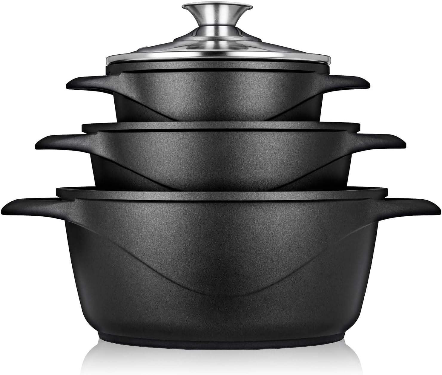 Briebe Batería De Cocina Inducción 6 Piezas Aluminio Fundido 3 Ollas Con Tapa De Cristal Antiadherente, Mgk-18, Negro_0