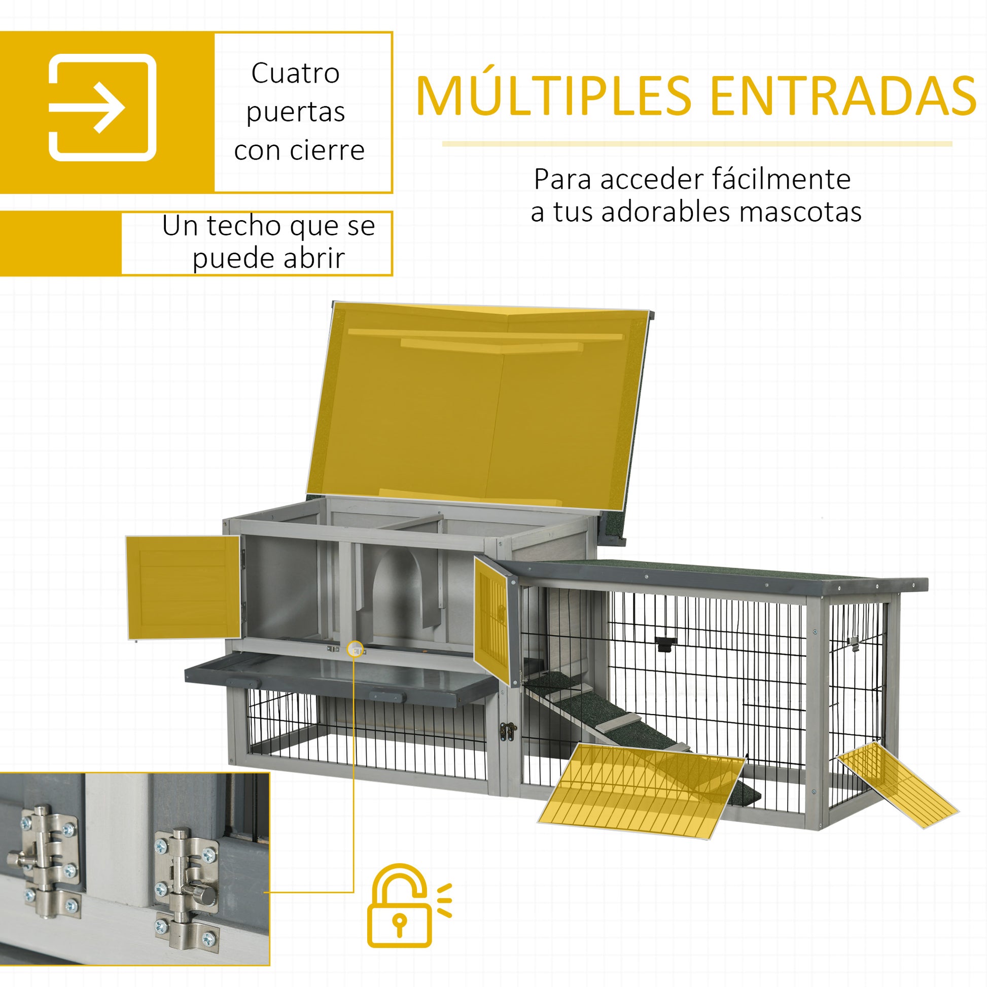 Pawhut Conejera De Madera Exterior Con Techo Asfáltico Abatible Corral De Metal_5