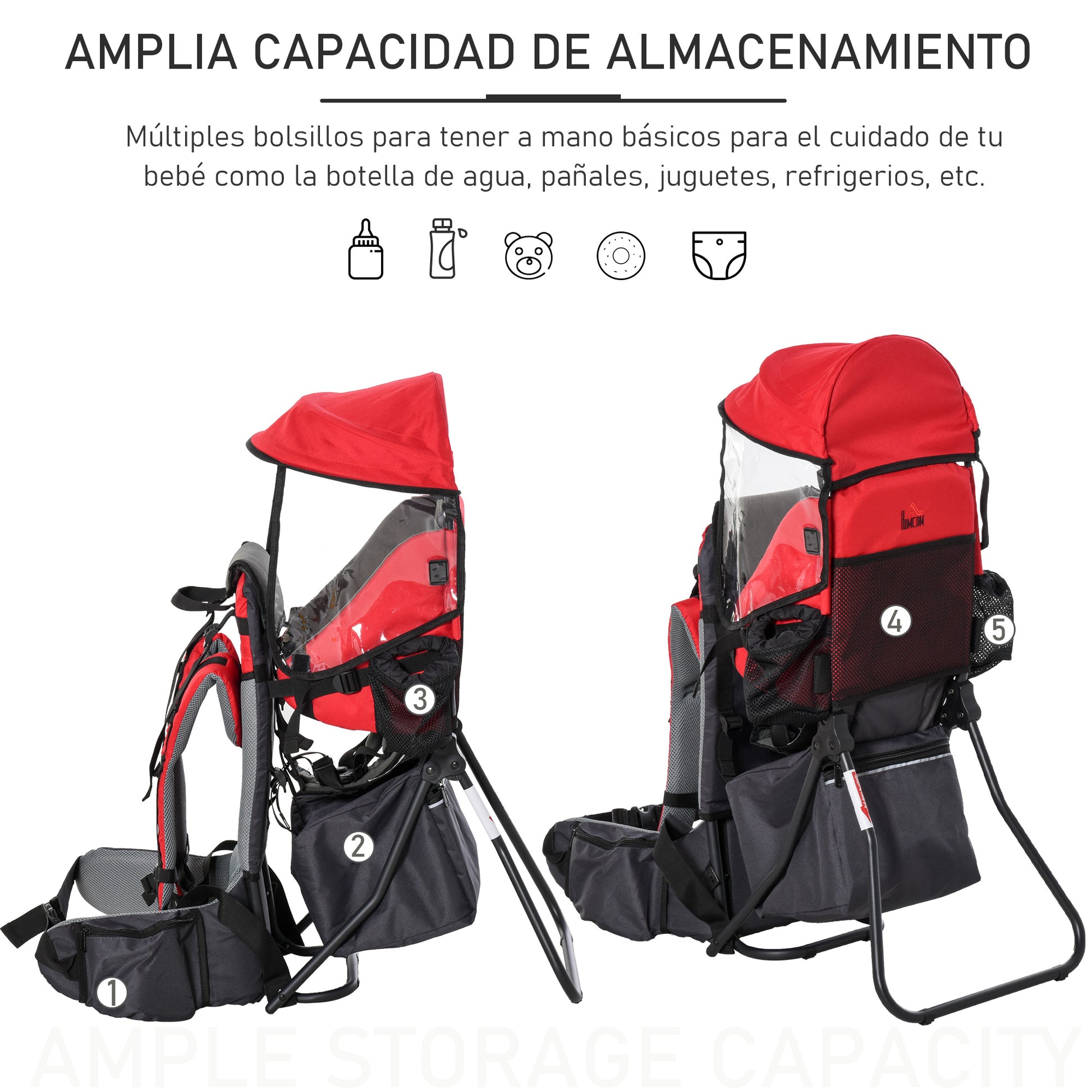 Homcom Mochila Portabebés Plegable Con Techo Impermeable Para 6-36 Meses Rojo_5