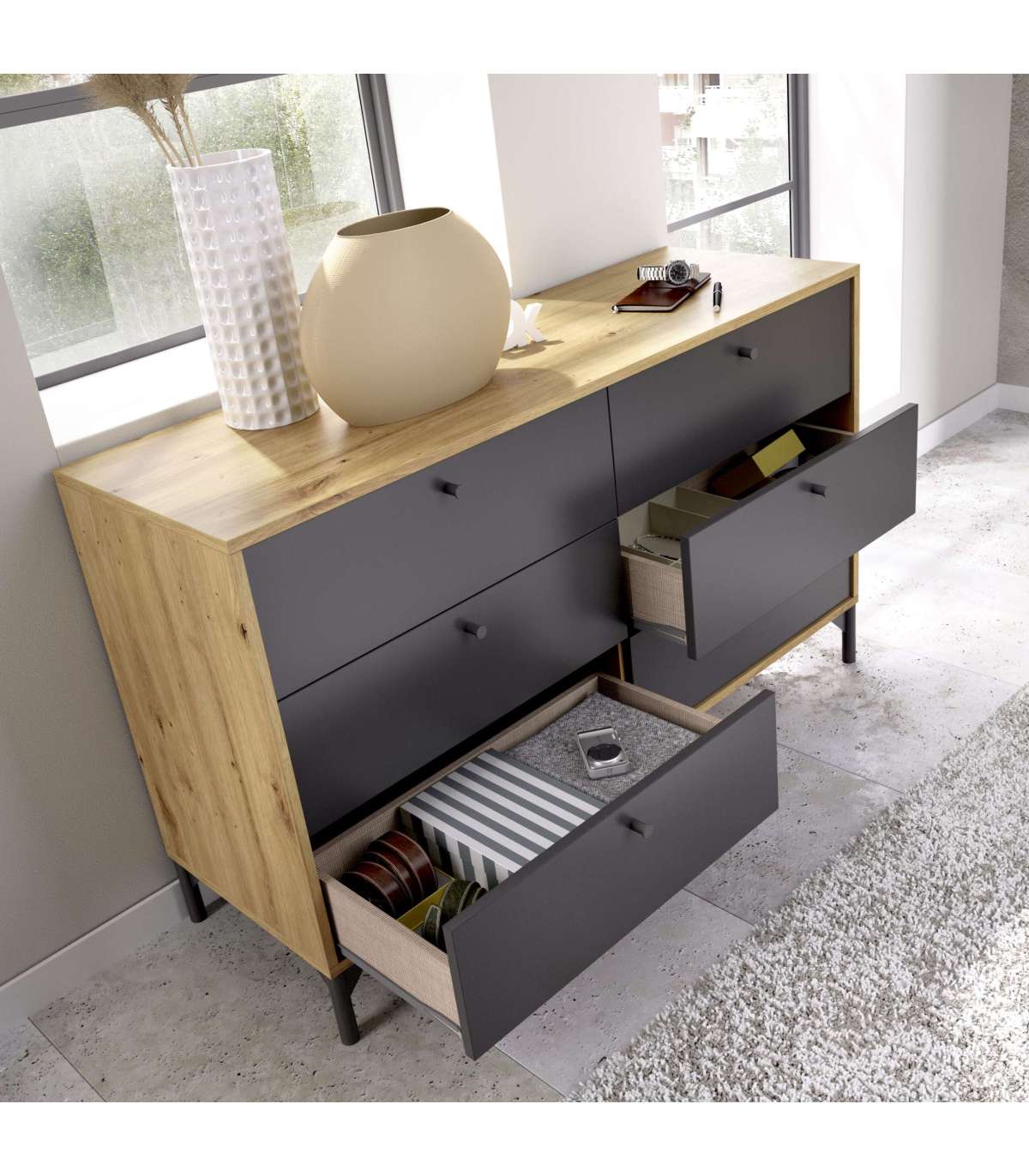 Comoda Doble 6 Cajones Terra En Acabado Nordic-grafito, 82.4 Cm(alto)120.4 Cm(ancho)40 Cm(largo)_4