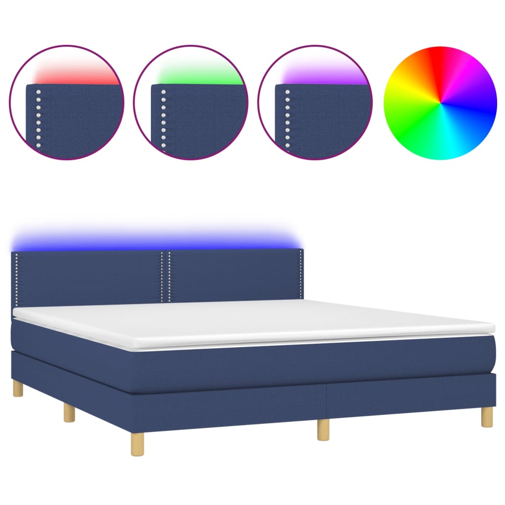 Cama Box Spring Con Colchón Y Led Tela Azul 160x200 Cm / Vetonek_0