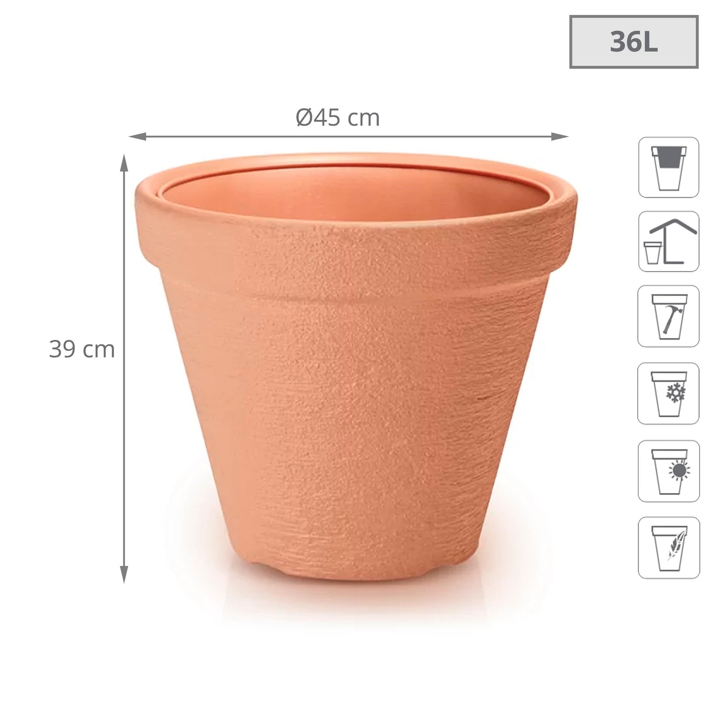 Maceta Classic 36l., Dimensiones (mm) 450x450x390, Color Ladrillo