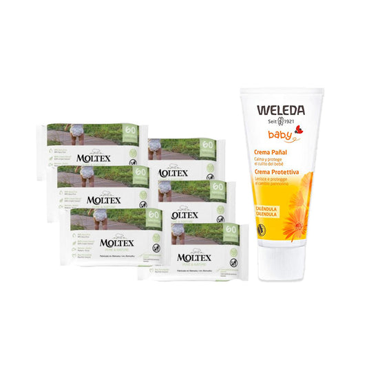 PACOTE ESPECIAL Creme para Fraldas Weleda Calendula 75ml + Pack de 6 Toalhetes Moltex Pure &amp; Nature 60 Unidades