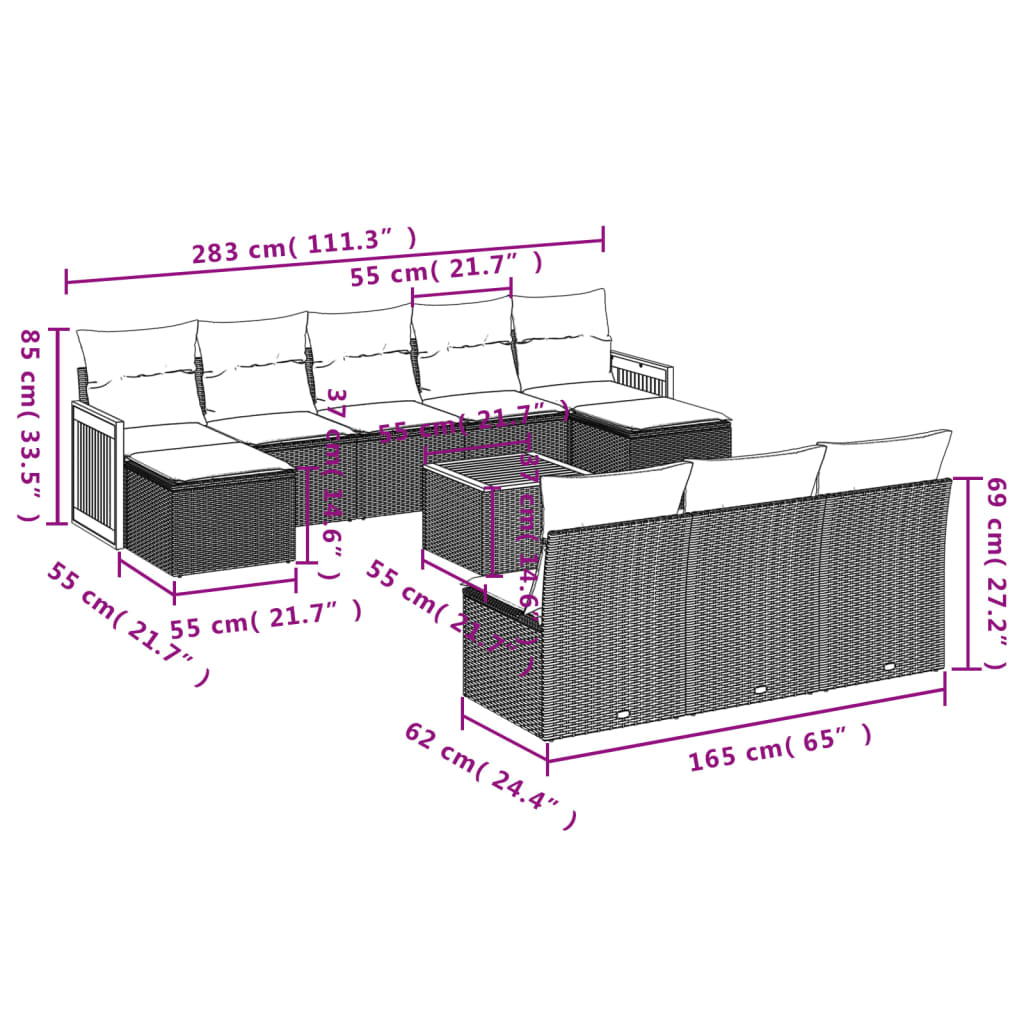 Set De Sofás De Jardín 11pzas Con Cojines Ratán Sintético Beige / Vetonek_2