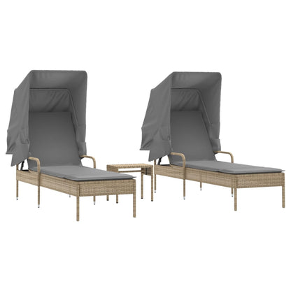 Tumbonas Con Capota Y Mesa 2 Uds Ratán Sintético Beige / Vetonek_1